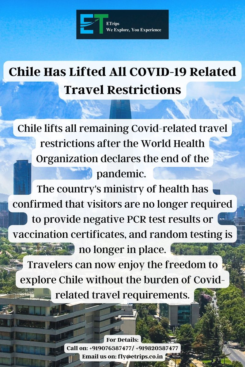 Chile Has Lifted All COVID-19 Related Travel Restrictions
#ChileOpenBorders #TravelFreedom #NoMoreRestrictions #COVIDTravelUpdate #ExploreChile #TravelWithEase #etrips #flightbooking #hotelbooking #tourpackage #booknow