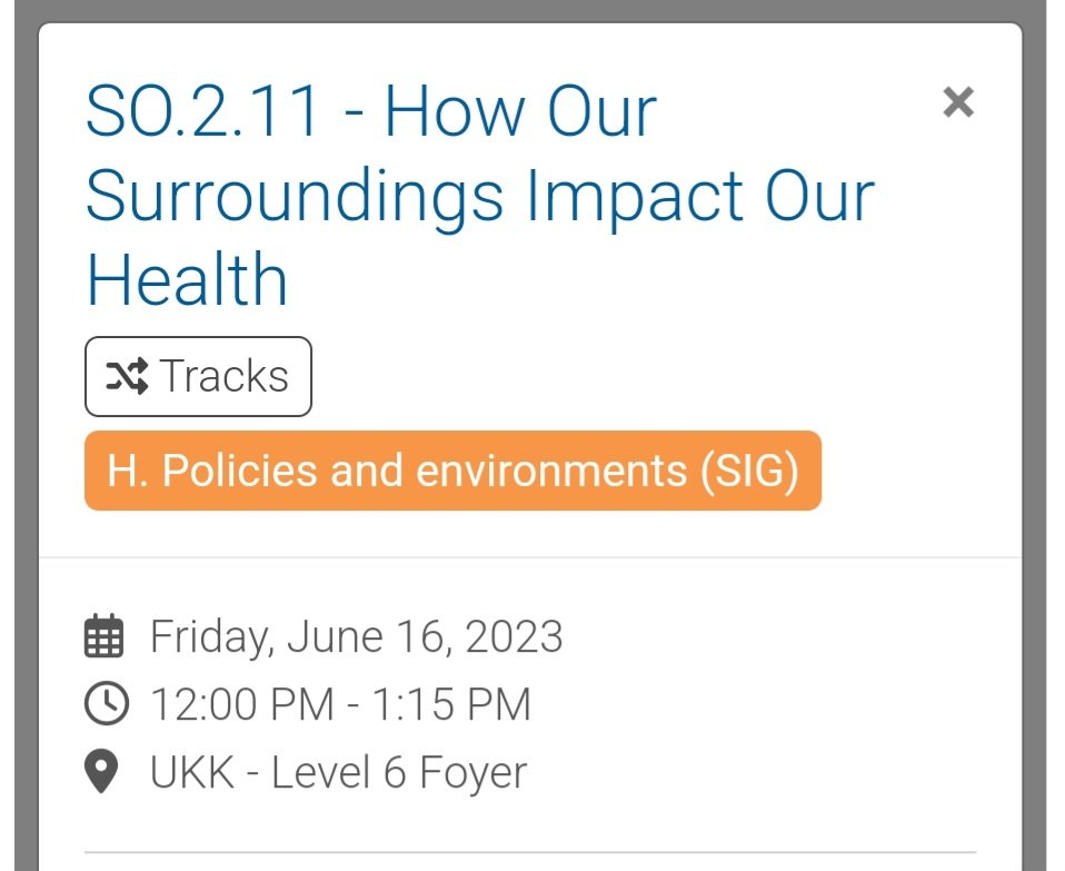 Today is the day! I'm giving two presentations this afternoon at #ISBNPA2023. 

Session SO.2.11 hosted by the Policies and Environments SIG. 

I'll be presenting findings from my @NIMHD funded K Award and my @HEResearch funded work on #structuralracism. @TulaneSPHTM