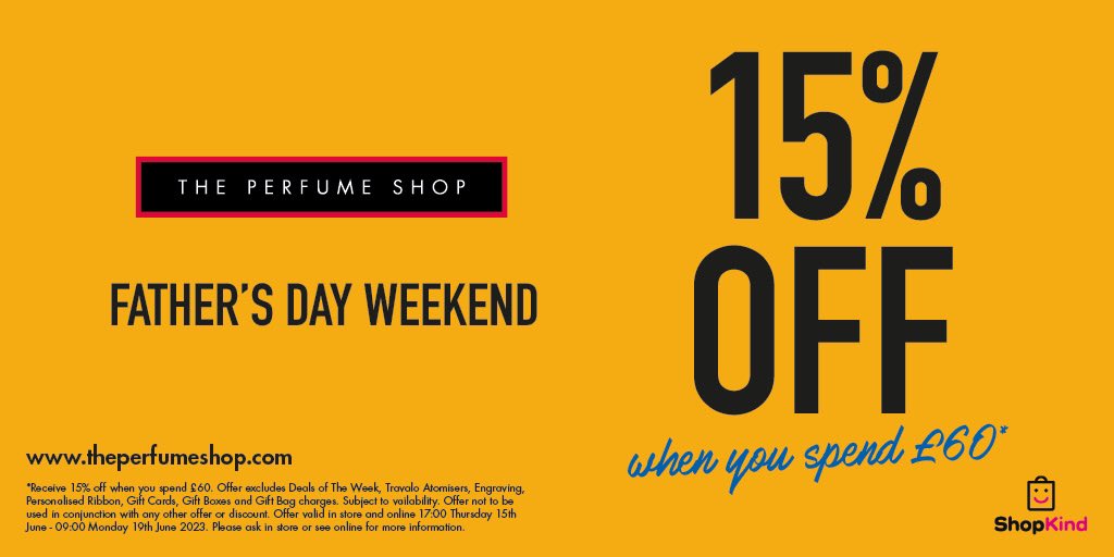 Members enjoy 15% of big Father’s Day selected brands during this time.
Visit us in store today. 
#FathersDay2023 #theperfumeshop #tpssc