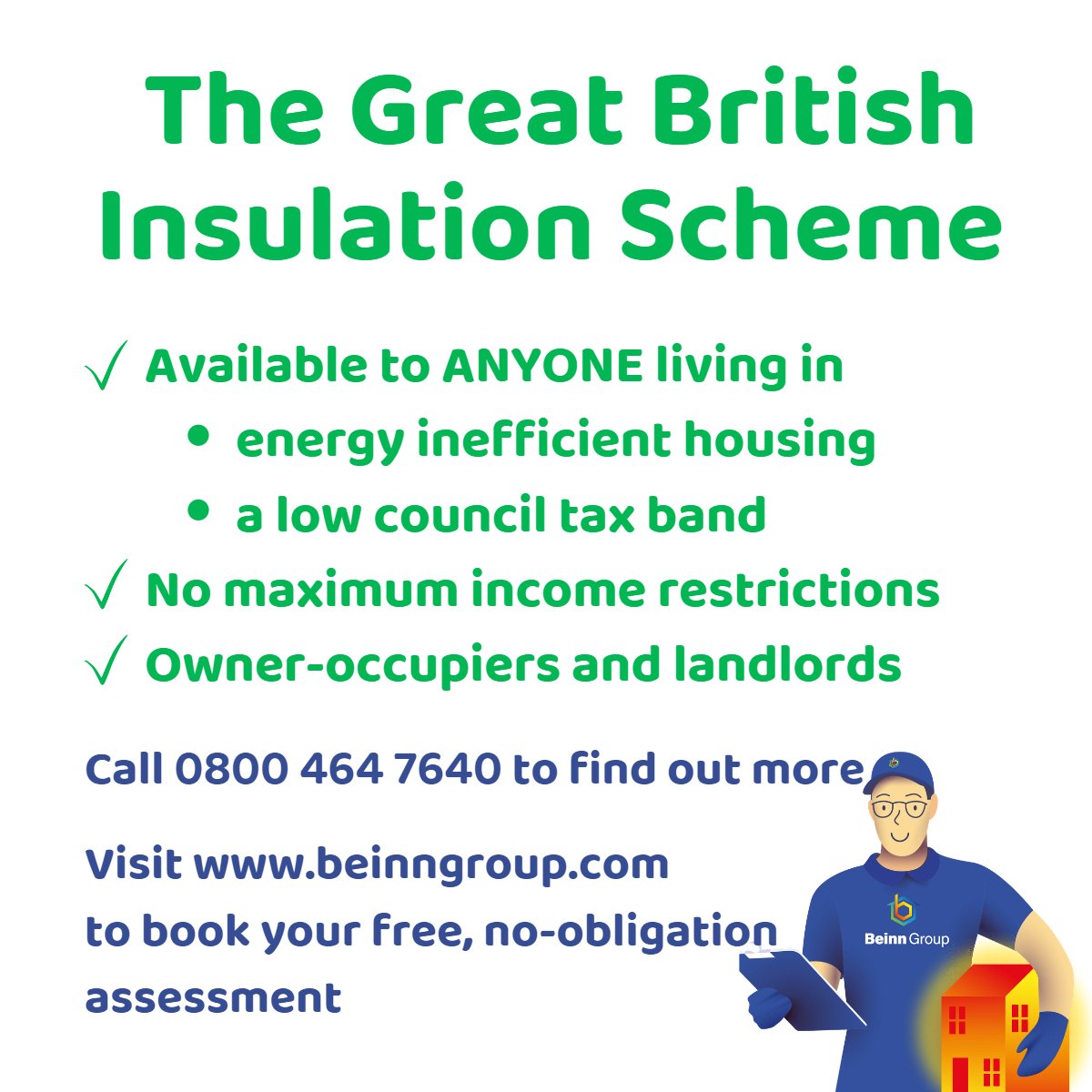 The Great British Insulation Scheme will give anyone living in energy inefficient housing (EPC band D and under) access to loft, cavity wall or external wall insulation.

Contact us on info@beinngroup.com for further details.

#GBIS #energyefficiency #insulation