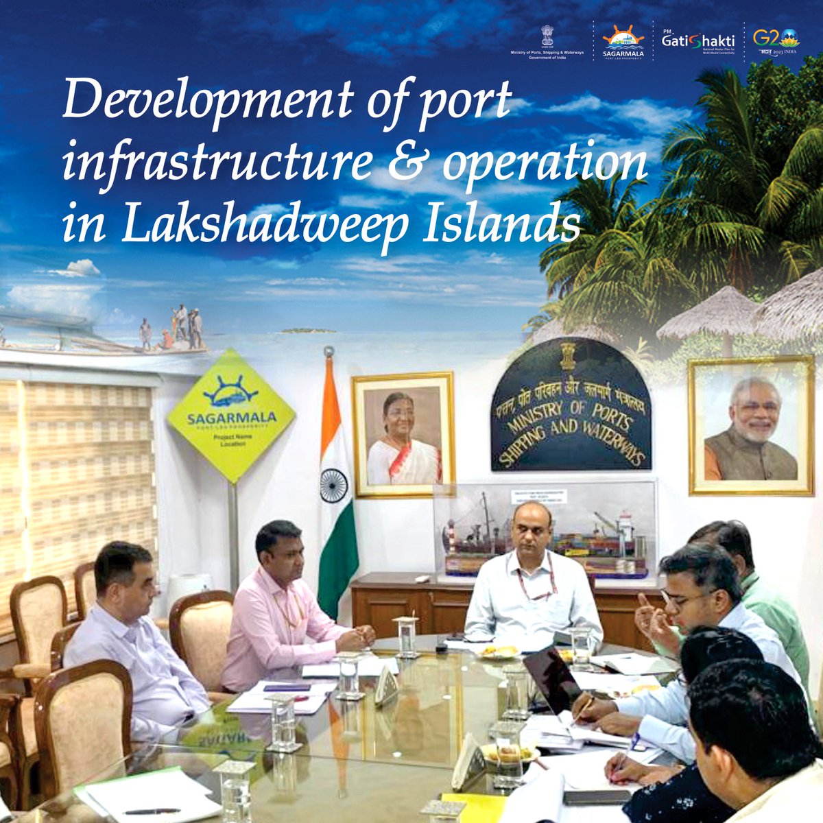 shipmin_india's tweet photo. Shri Bhushan Kumar, JS-Sagarmala, MoPSW chaired a meeting with officials of Lakshadweep Administration, Cochin Port, CSL &amp; SCI regarding development of new Port &amp; Tourism infrastructure facilities and Shipping Operations related issues in Lakshadweep island. https://t.co/E1LytglLlW