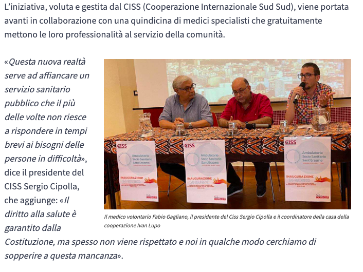 Su <a href="/Mediterraneo_24/">Il Mediterraneo 24</a> tutte le informazioni sull'#AmbulatorioSantErasmo, nuovo presidio socio sanitario della città di #Palermo. 

#ciss #cissong #casadellacooperazione #sanità