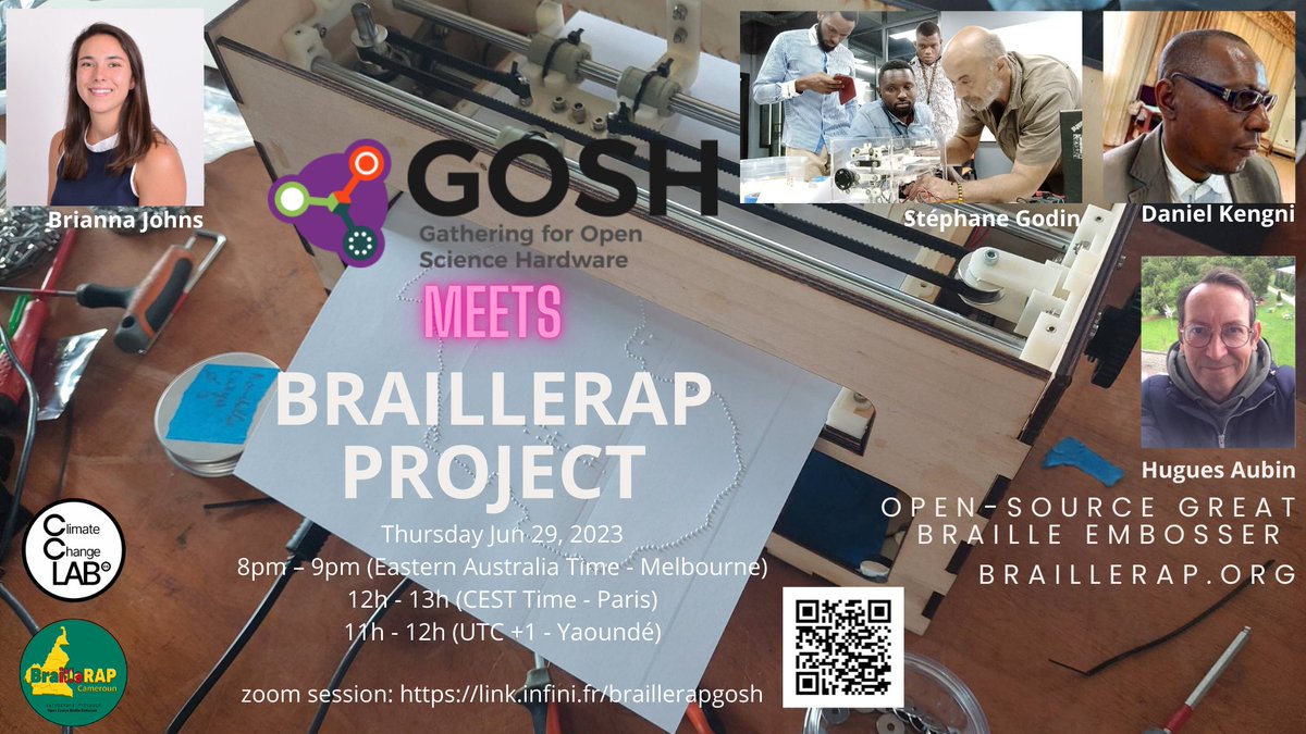 We are happy to share about the <a href="/BrailleRap/">BrailleRAP</a>  project with the <a href="/GOSHCommunity/">GOSH</a>  on June 29. With <a href="/DanielTiomo/">Daniel KENGNI TIOMO</a> from ANIAAC the <a href="/CC_lab_team/">Climate Change Lab aka CC-Lab</a> and Brianna Johns. Save the date !
#braillerap #gosh