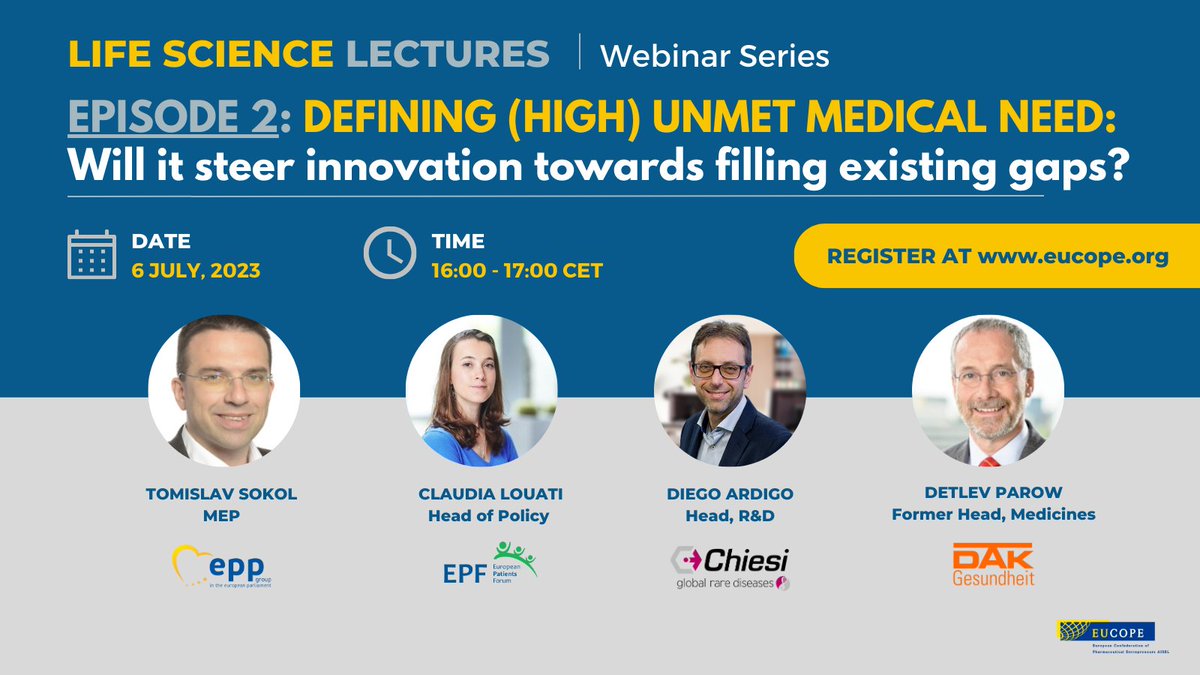 EUCOPE's tweet photo. Join us for the 2nd episode  on📅6 July in our #LifeScienceLectures webinar series where we'll discuss the opportunities and risks deriving from the concept of #HUMN

🗣️Featuring guests from @EPPGroup @ChiesiGRD @eupatientsforum @DAKGesundheit 

REGISTER ⤵️https://t.co/QWFtgrwNie https://t.co/WOiFjZF6t2