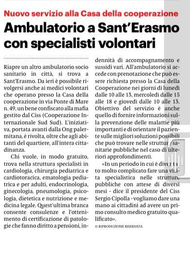 Tra le pagine de <a href="/lasiciliait/">La Sicilia</a> si parla dell' #AmbulatorioSantErasmo, dei medici volontari specialisti e dell'importanza della #sanità come #diritto di tutti e tutte. 

#ciss #cissong #casadellacooperazione