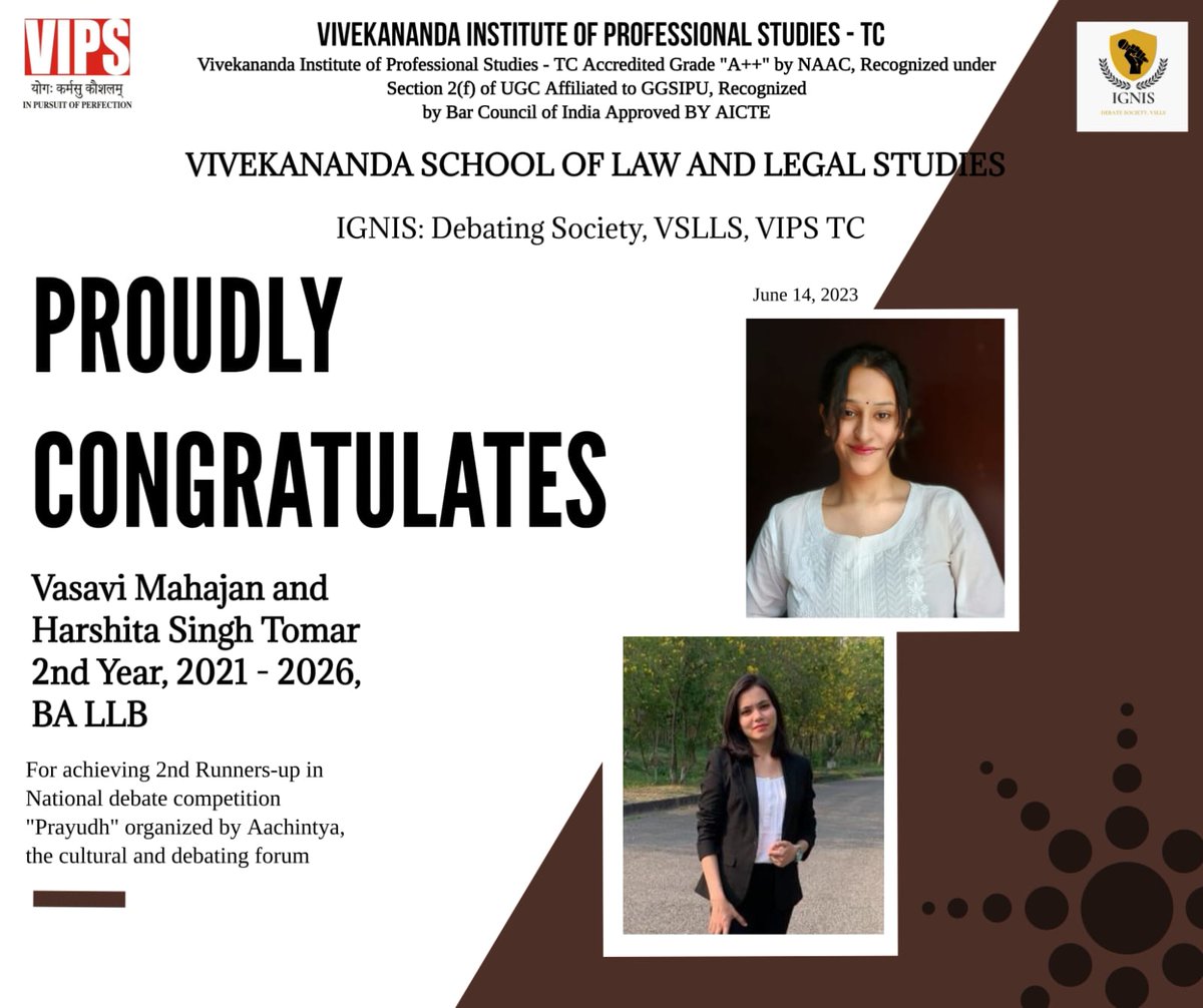 Heartiest Congratulations to Vasavi Mahajan and Harshita Singh Tomar from BBA LLB, VIPS-TC for securing the Runners-up position in 'Prayudh,' a National Debate Competition, organized by Aachintya.#DebateCompetition #RunnerUp #Achievement #VIPSTC #Debate #LawCollege #LawSchool