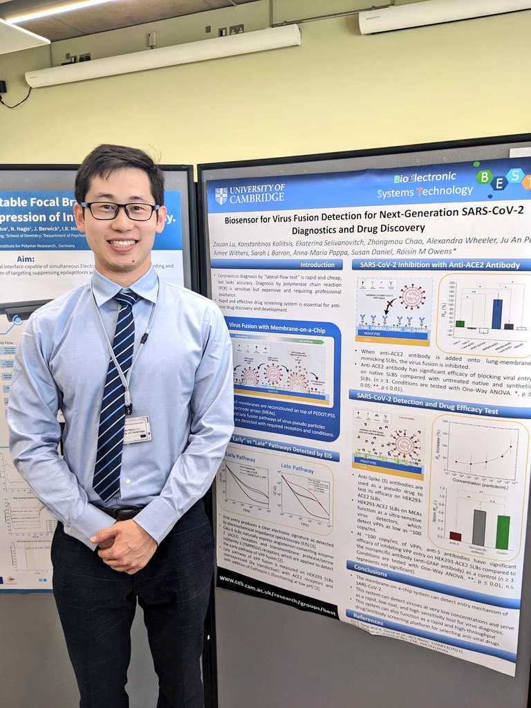 BioElSystTech's tweet image. Lab members @StoegerVerena @ZixuanLu @Reece_McCoy & @Alex_Wheeler presenting their work on #tissueengineering #lipidbilayers #labonchip & #biotechnology at the Cambridge #Bioelectronics symposium #CBS2023 
@cebcambridge 
@NanoDTC 
@BioelectronicsL 
@biochemist_hero