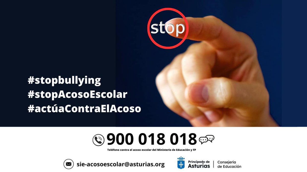 🤚Combatir el acoso escolar es tarea de toda la sociedad
 ⛔#stopbullying 

Ante cualquier indicio, llama al
 📞𝟵𝟬𝟬 𝟬𝟭𝟴 𝟬𝟭𝟴
Teléfono gratuito, anónimo y disponible las 24 horas.
 O escribe al correo:
📧 𝘀𝗶𝗲-𝗮𝗰𝗼𝘀𝗼𝗲𝘀𝗰𝗼𝗹𝗮𝗿@𝗮𝘀𝘁𝘂𝗿𝗶𝗮𝘀.𝗼𝗿𝗴

🔃 Pásalo