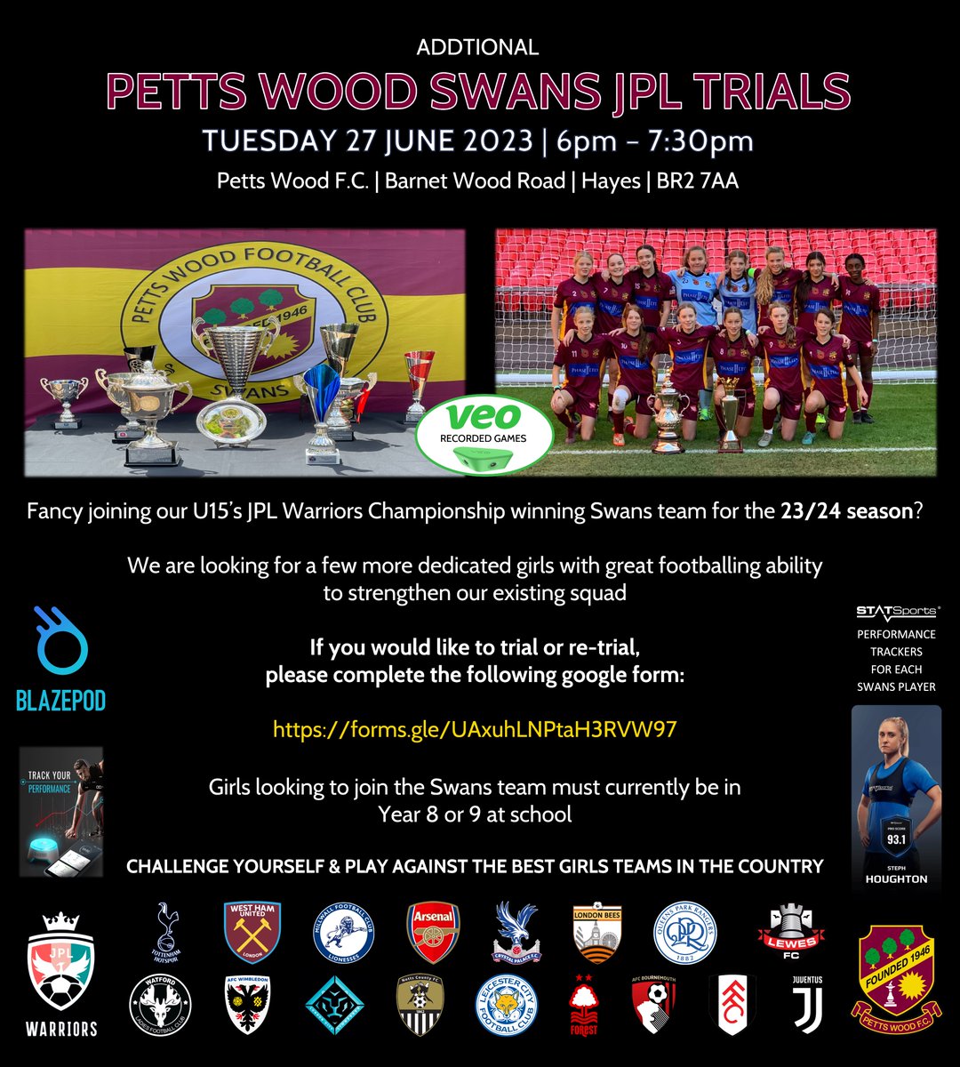 ADDTIONAL
⚽️ @PettsWoodSwans JPL TRIALS ⚽️
⏰ TUESDAY 27 JUNE 2023 | 6pm – 7:30pm
🏟️ Petts Wood F.C. | Barnet Wood Road | Hayes | BR2 7AA

If you would like to trial or re-trial, please complete the following google form:

forms.gle/UAxuhLNPtaH3RV…

#JPLWarriors | @PettsWood_FC