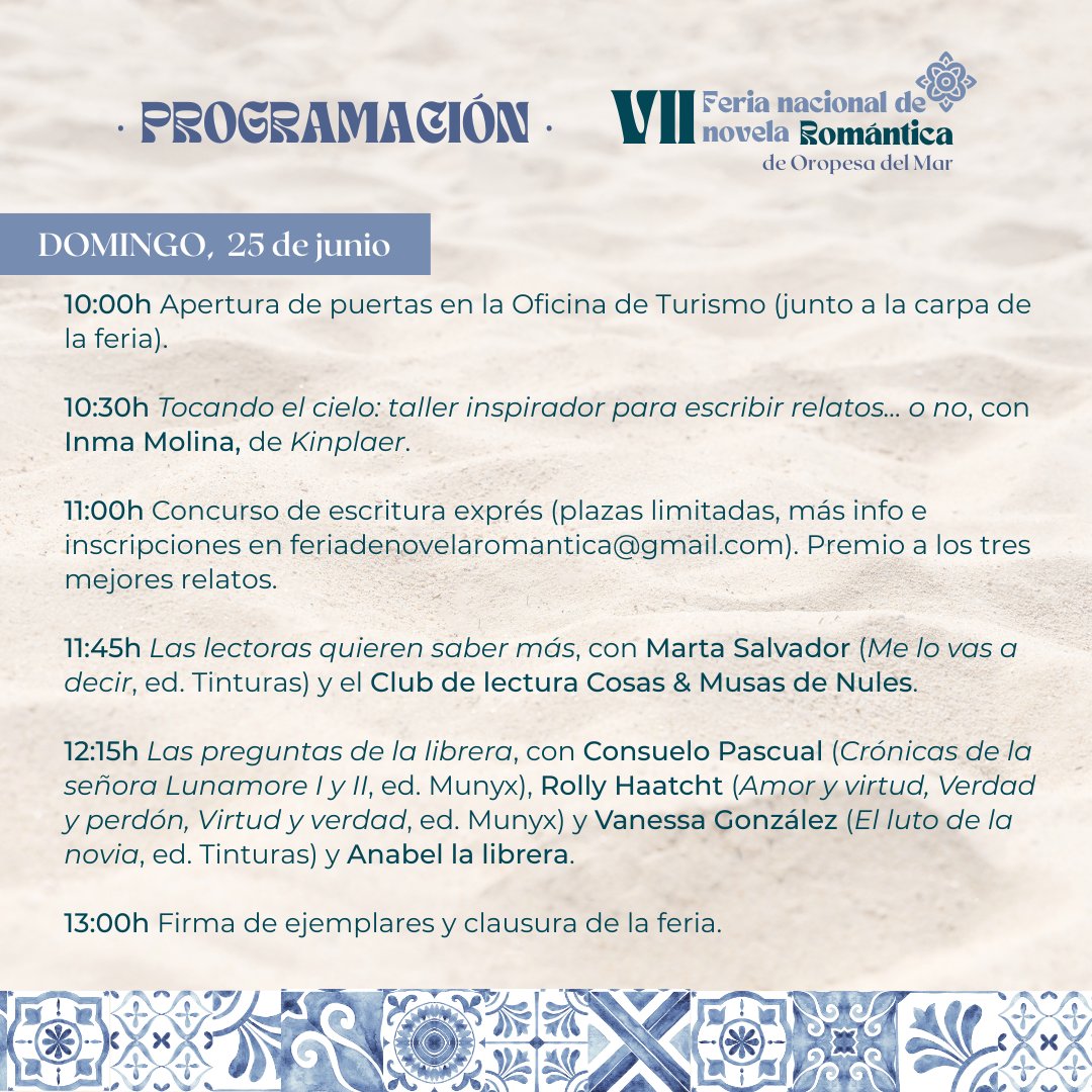 ¡Ya tenemos programación para la VII Feria Nacional de Novela Romántica 💖! 

Este 23, 24 y 25 de junio tienes una cita en Oropesa del mar 🌊 . ¿Nos vemos?