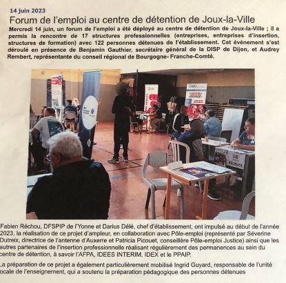 DutreixSeverine's tweet photo. #PôleEmploiAuxerre a répondu à la demande de la Direction pénitentiaire d'insertion et de probation, en co-organisant un forum emploi et formation au sein du centre de détention de Joux la Ville.
Une très belle action qui donne des perspectives !
#Emploi 
#Formation
#SPIP https://t.co/q0SASbcTIE