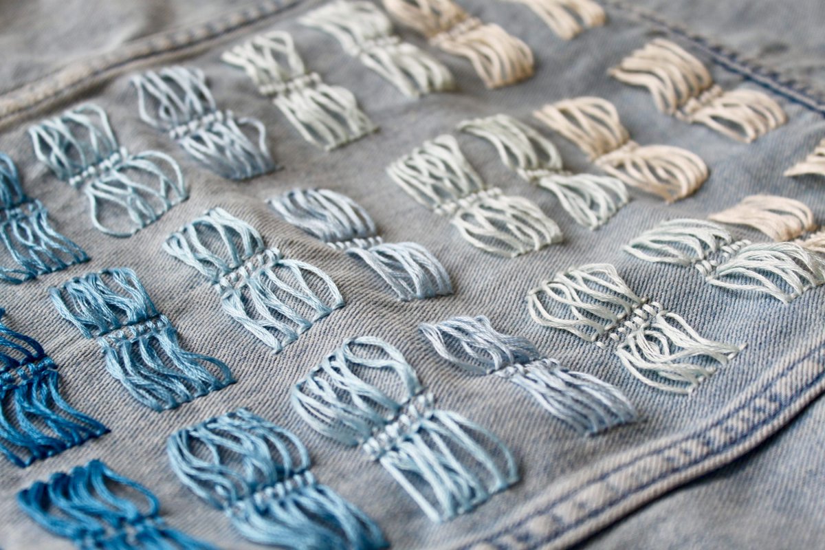HawthorneHeaney's tweet image. We love this loose threadwork on denim for a unique custom jacket! #threadwork #denimjacketembroidery #customdenim #londonembroidery #upcycle