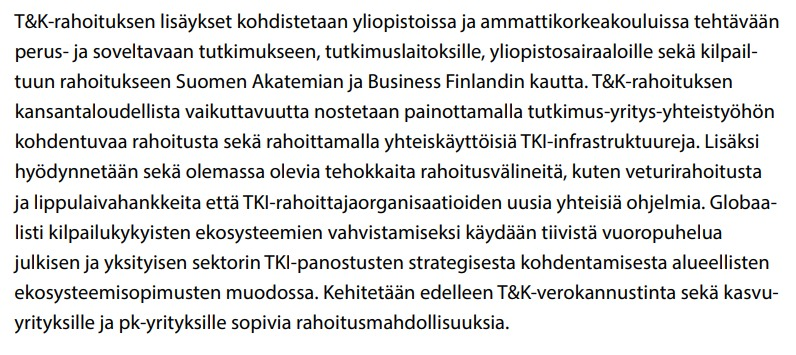 Tuoreen hallitusohjelman kirjaukset koskien #TKI-toiminnan rahoitusta nostaa positiivisella tavalla esiin ammattikorkeakoulut. Tärkeää on, että hankerahoituksen lisäksi osa TKI-rahoituksesta kohdennetaan suoraan korkeakoulujen perusrahoitukseen #AMK #hallitusohjelma