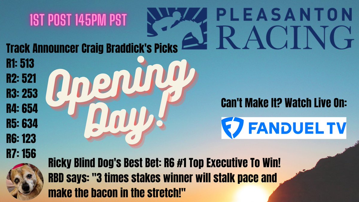 CraigeyB&RickyBlindDog on X: Ricky Blind Dog says: Craigey and I are all  ready for opening day at Pleasanton! @CARacingFairs The 🥓tastes great,  here! I have a special paw pick and you need
