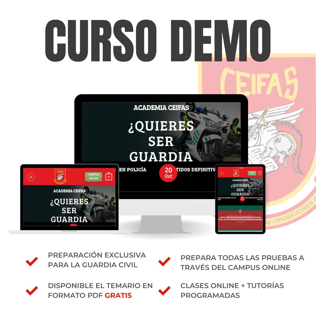 AcademiaCeifas's tweet photo. 🤓¿Quieres saber cómo trabaja Ceifas? Entra en nuestro #cursodemo y podrás ver cómo nos organizamos y todos los pasos a dar en las oposiciones 👮 afrontar los exámenes, temario y dudas de la manera más sencilla.💥

#oposiciones #opogc #guardiacivil #unaplazaesmia https://t.co/acoao81BFG
