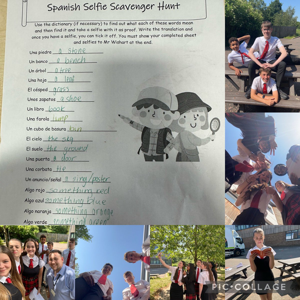 MrMWishart's tweet image. ¡Qué calor! 🥵
Great fun with the best S3 class today as they completed the ‘Spanish Selfie Scavenger Hunt’! An opportunity to learn some everyday Spanish vocabulary out in the sun ☀️ with extra points for the most creative selfie 🤳 Will miss this class! #learninginFAITH 🇪🇸