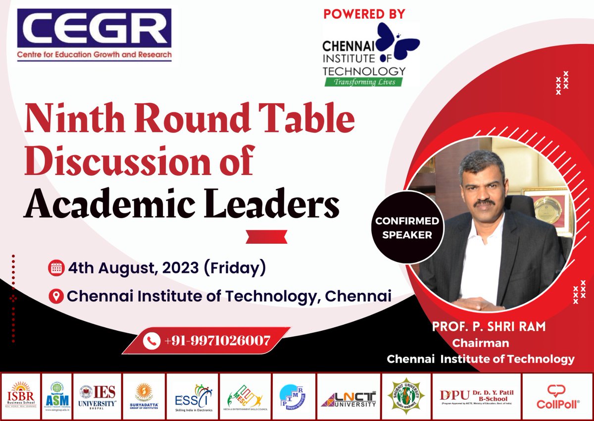@cegrindia is organsing Ninth Round Table Discussion of Academic Leaders in Chennai Institute of Technology, Chennai on 4th August, 2023 (Friday). For details, Please visit cegr.in or call 9971026007
 #cegr #cegrindia #CEGRLeads #education #highereducation