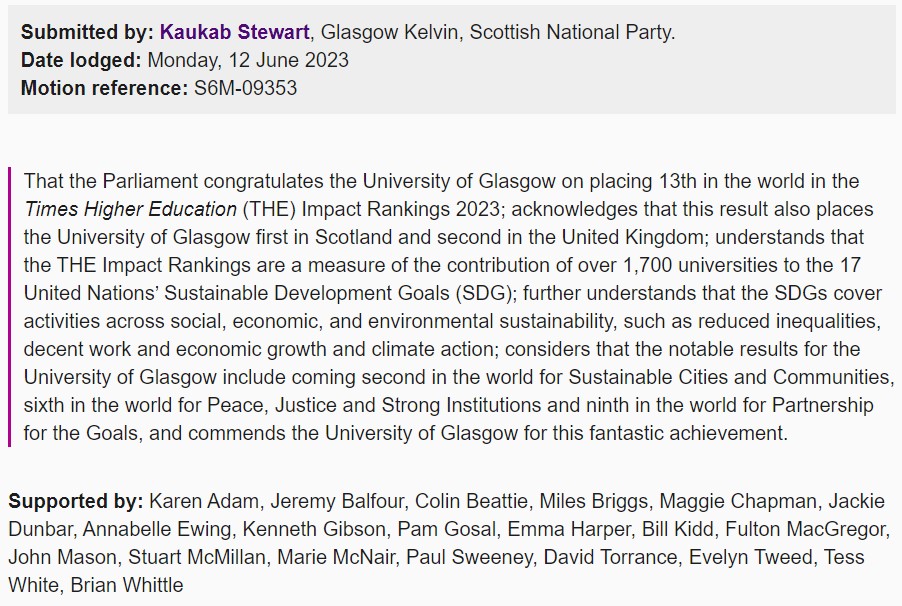 ICYMI👇 @UofGlasgow ranked 13th in the world in the @timeshighered Impact Rankings for our contribution to the @UN Sustainable Development Goals 🌎 Great to see this recognised by local UofG MSP @kaukabstewart & MSPs across @ScotParl 🎉👏🏼