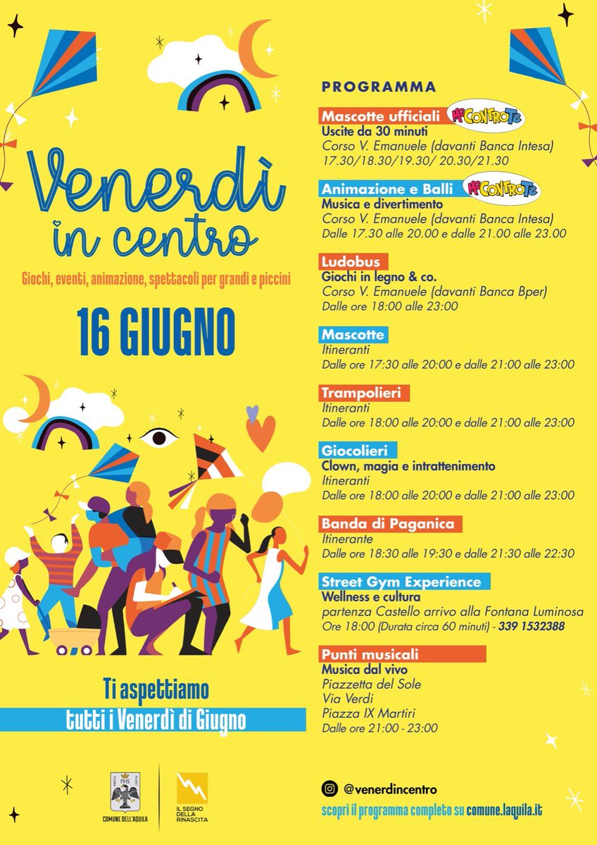 Proseguono gli appuntamenti in centro storico il venerdì a #laquila. Ecco il calendario completo degli eventi previsti stasera.
