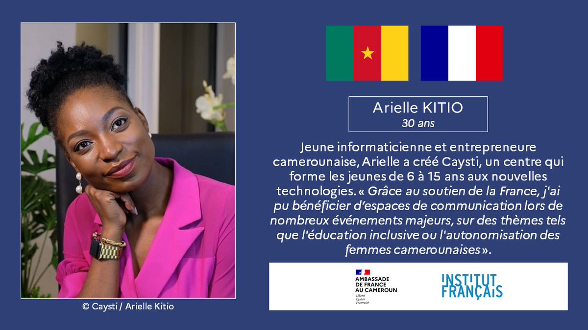 #LesVisagesDuPartenariat🇨🇲🇫🇷
Jusqu'au #14juillet, découvrez chaque jour les visages de Camerounais &amp; Français qui incarnent, au quotidien, les nombreux volets de la relation 🇨🇲🇫🇷
🖼️ Arielle Kitio, 30 ans, informaticienne et entrepreneure.
🤝 <a href="/IFCameroun/">Institut français CM</a> &amp; <a href="/CAYSTI237/">CAYSTI</a>