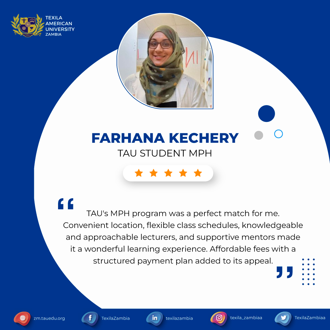 Ms. Farhana Kechery, an accomplished individual with an MPH degree Her dedication, expertise, and passion for improving community well-being are truly commendable.

Enroll Now: zm.tauedu.org/tau-zambia-joi…

#Texila #TexilaAmericanUniversity #PublicHealthExpert #TexilaZambia #Zambia