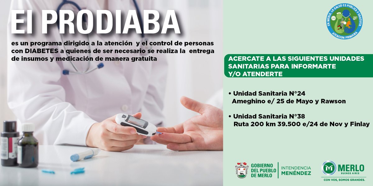MerloGob's tweet photo. Programa Provincial #PRODIABA
Atención y control a personas con #diabetes
Acercate a las Unidades Sanitarias para recibir información
➡US N° 24 - Ameghino e/ 25 de Mayo y Rawson
➡US N° 38 - Ruta 200 Km 39.500 e/ 24 de Noviembre y Finlay
ℹMás info: https://t.co/1rIwpsj8sb https://t.co/GGN7gM93t5