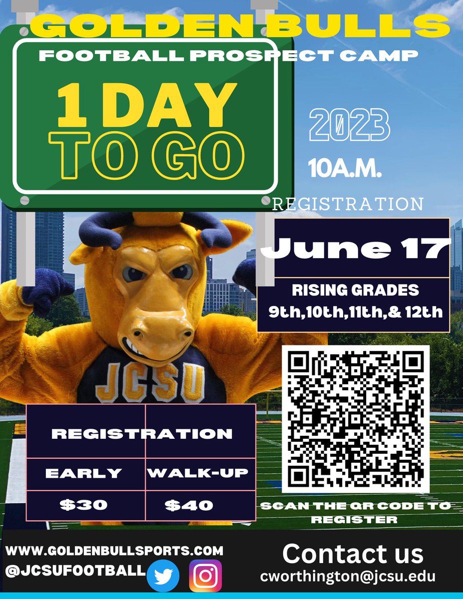 JCSUFootball's tweet photo. 1 DAY TO GO!!!!
Pre-register by Scanning the QR Code https://t.co/2njLeOqjXn