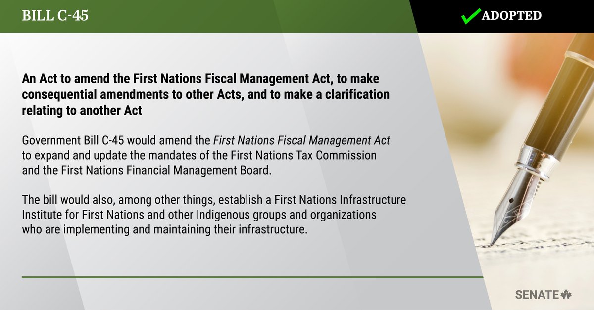 THRILLED that Bill #C45 has passed, advancing #EconomicReconciliation. Now awaits Royal Assent!

This bill helps support First Nations prosperity through improved fiscal frameworks, access to capital & infrastructure.

@MarcMillerVM @JaimeBattiste @theFNFA @FNFMB #SenCA