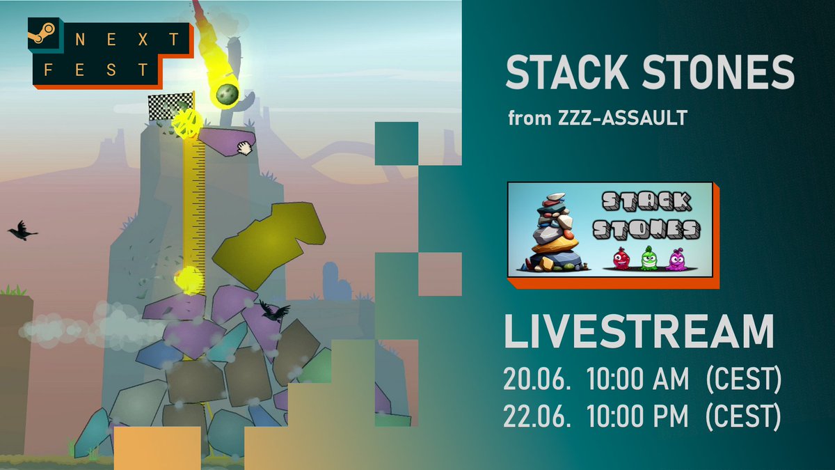 ZZZAssault's tweet photo. Really excited that #StackStones will be part of #SteamNextFest next week. Looking forward to meet all of the #pcgaming players in my livestreams 🧐

#Godot #GodotEngine #IndieGameDev #gamedev https://t.co/uDvRn79kUK