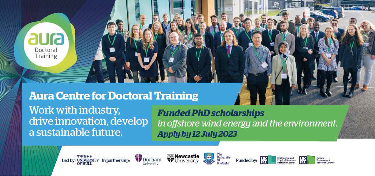 Apply for a funded PhD scholarship and join the #AuraCDT  - our community of over 60 PhD researchers tackling the engineering and environmental challenges facing the offshore wind sector
Closing date 12 July for Sept 2023 start
Information &amp; applications:
auracdt.hull.ac.uk