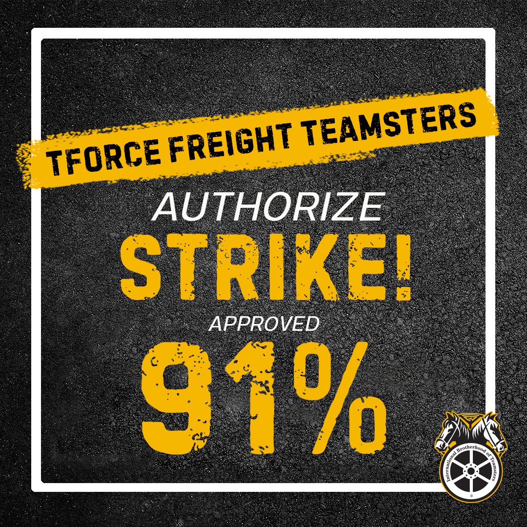 Teamsters's tweet photo. 🚨TEAMSTERS VOTE OVERWHELMINGLY TO AUTHORIZE STRIKE AT TFORCE FREIGHT

91 percent of #Teamsters at TForce Freight approve #strike!

This strong mandate reflects the strength and unity of the members’ fight for a strong national contract... https://t.co/IpeI9eOEsw
