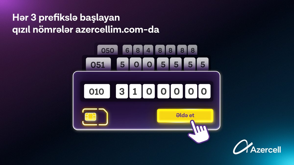 Azercell's tweet photo. Qızıl nömrən ilə hamıdan fərqlən! 😎
https://t.co/85qKl08R0J veb-saytında 010, 050 və yaxud 051 prefiksi ilə başlayan qızıl nömrələrin içindən istədiyini seç və onlayn sifariş verərək əldə et! ✅
#Azercell #azercellim #GözəlNömrə #QızılNömrə https://t.co/SFk6AyOFId