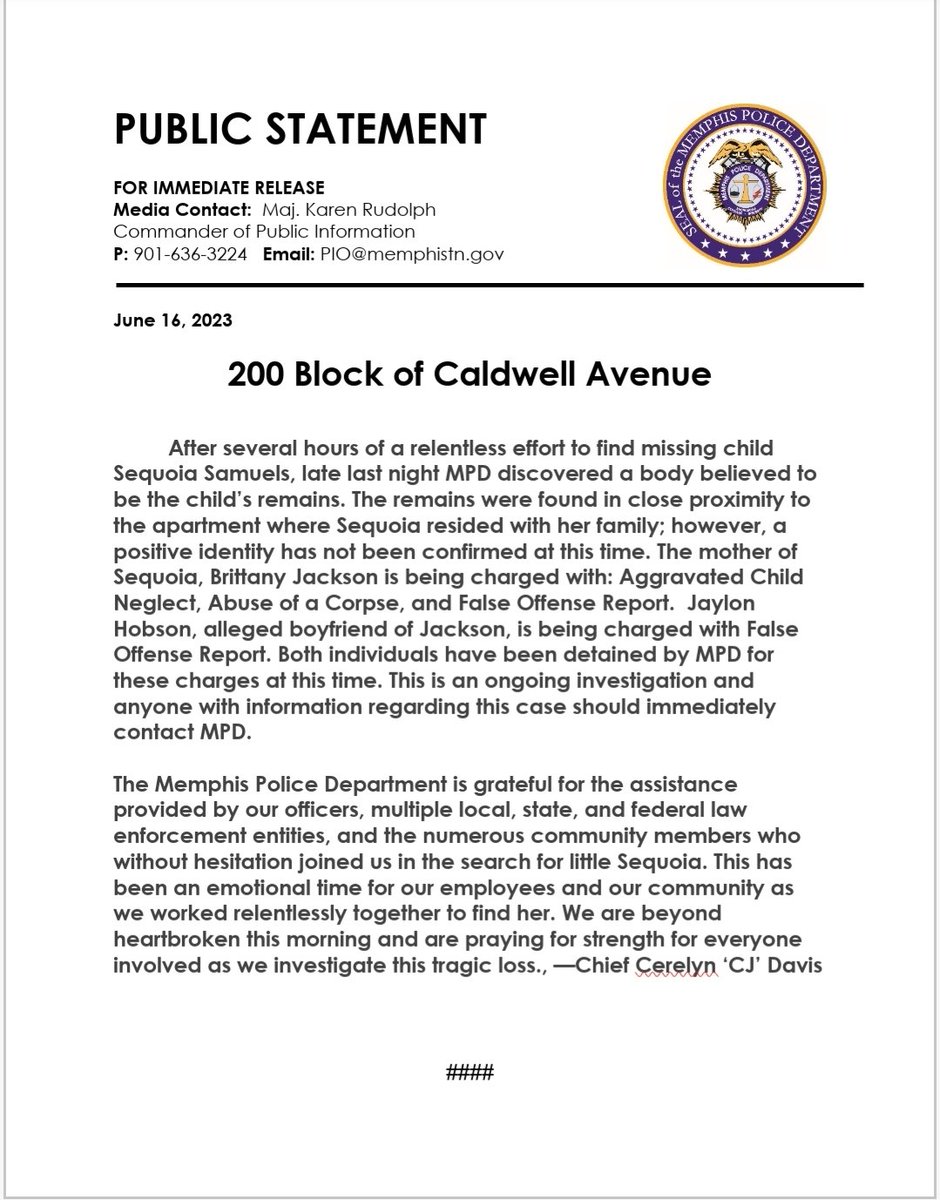 Chief Davis's update regarding Sequoia Samuels