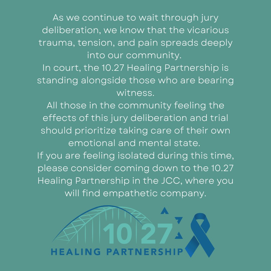 If you are feeling isolated during this time, please consider coming down to the 10.27 Healing Partnership in the JCC, where you will find empathetic company.