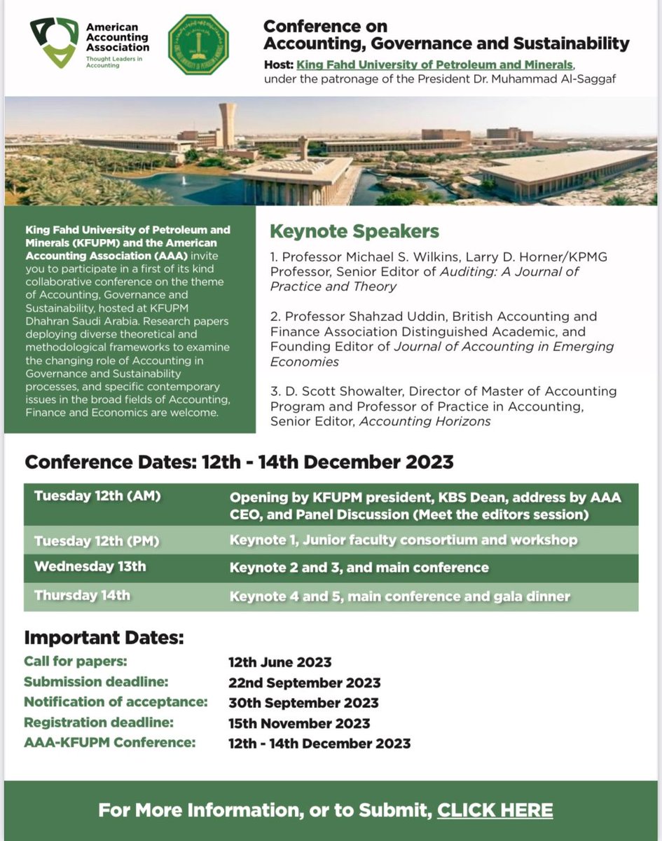 Under the Patronage of the President of KFUPM, we are honored to host the 1st-ever AAA conference outside the US from December 12th to 14th, 2023. The conference aims to discuss scientific research related to accounting, governance, and sustainability.

bit.ly/ags23