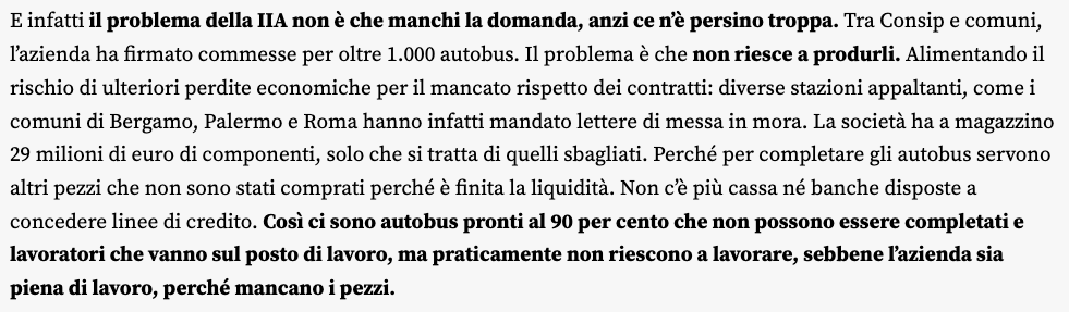 Phastidio's tweet photo. Industria italiana autobus (IIA), cioè gli autobus di Stato, controllata da Leonardo e Invitalia, ha domanda ma non riesce a consegnare perché priva della necessaria expertise industriale dopo il disimpegno dei turchi di Karsan. Non facciamoci mancare neppure questo
Di @lucianocapone 
https://t.co/ZwsYZOmu8m