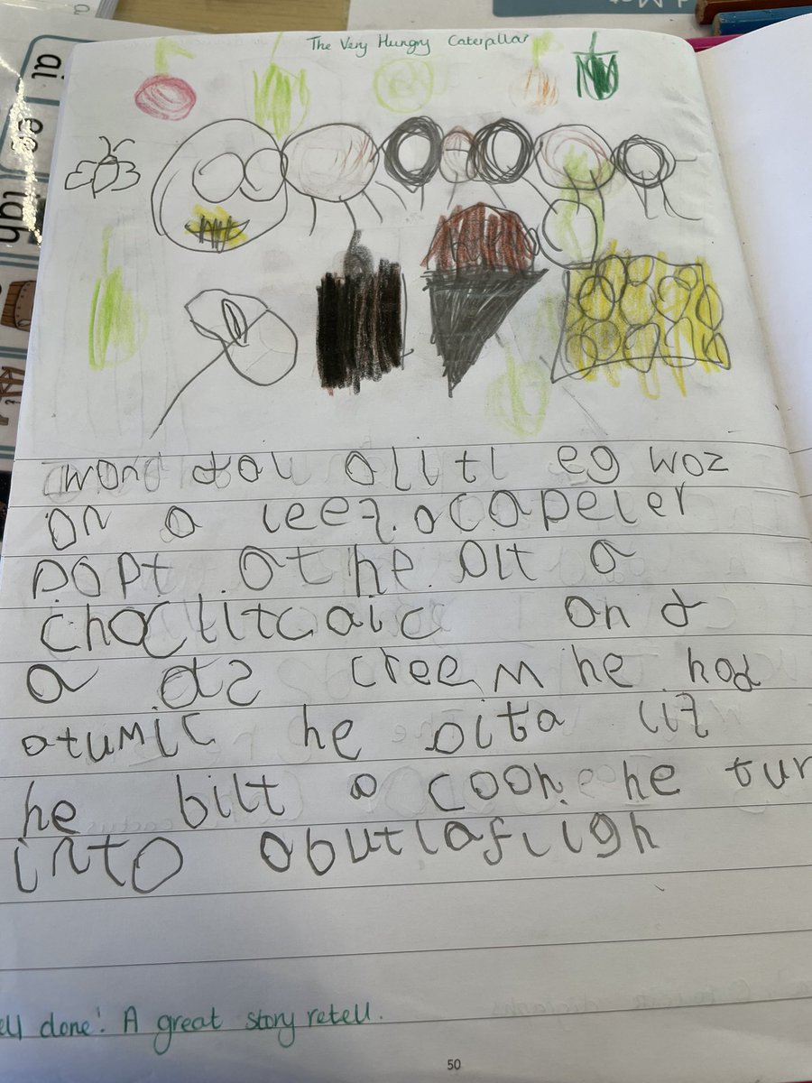 mrsmyers2019's tweet photo. Fantastic writing to retell The Very Hungry Caterpillar in Reception @NewSilksAcademy this week. Very impressed 🤩@LettersSounds https://t.co/z7y2Mqjqh9