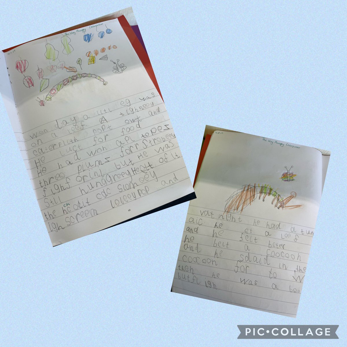 mrsmyers2019's tweet photo. Fantastic writing to retell The Very Hungry Caterpillar in Reception @NewSilksAcademy this week. Very impressed 🤩@LettersSounds https://t.co/z7y2Mqjqh9