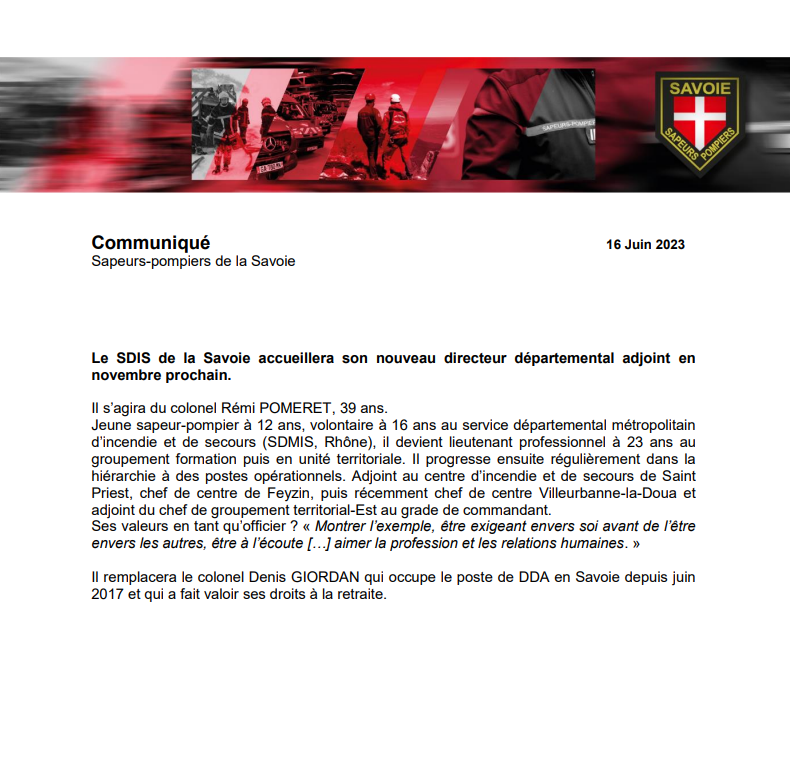 SDISsavoie's tweet image. Le SDIS de la Savoie a le plaisir de vous annoncer que le futur directeur départemental adjoint sera le colonel Rémi POMERET. Originaire du #SDMIS il prendra ses fonctions le 1er Novembre.
Son parcours en bref là👇