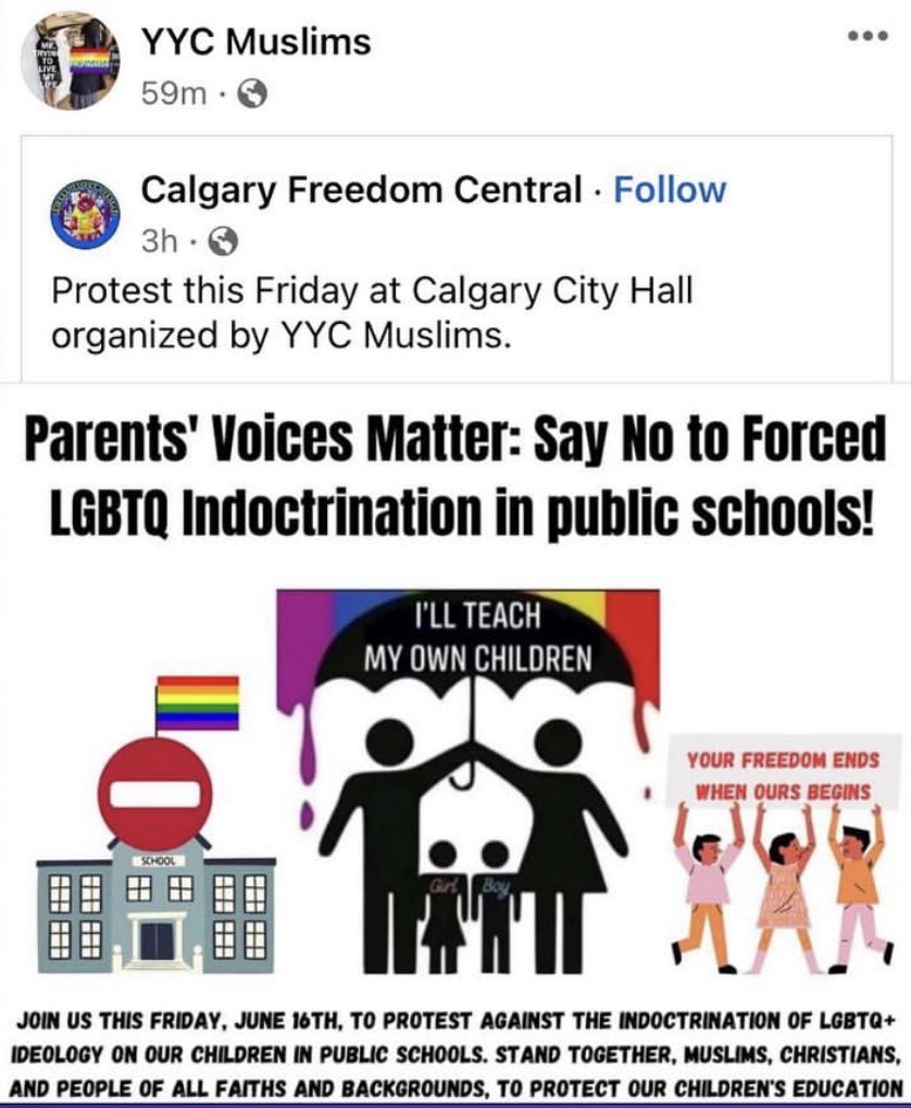 MrAndyNgo's tweet photo. A #trans activist group in Calgary, Canada is organizing a direct action today against a #Muslim group planning to protest “LGBTQ indoctrination in public schools.” The trans group says the Muslim group is not representative of Muslims and that they are fascists. #Islam #Pride https://t.co/2wcMrzOUfZ