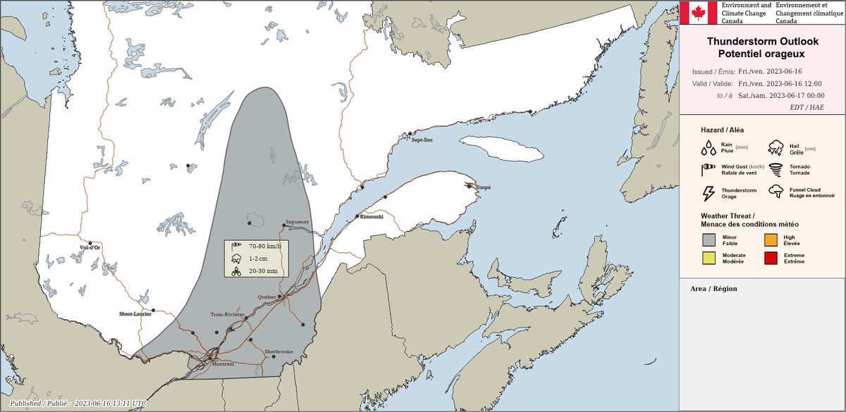 Voici la carte du potentiel orageux pour le Québec valide aujourd'hui, le 16 juin 2023.

Tout dommage peut être signalé à Environnement et Changement climatique Canada par courriel à meteoQC@ec.gc.ca ou sur Twitter avec le mot-clic #meteoQC.