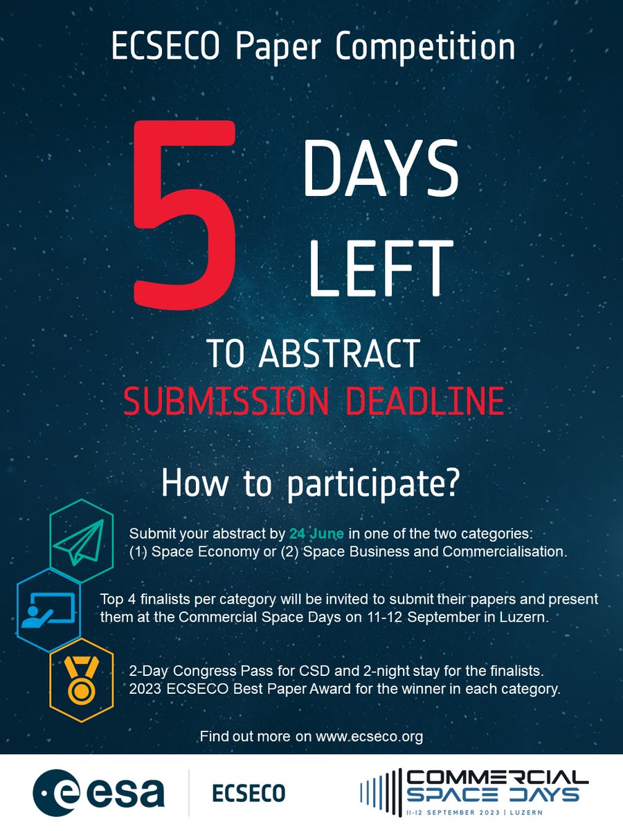 Don’t miss the chance to present your work on #spaceeconomy and #spacecommerce to get feedback from the top academics in the field and win 2-Day Congress Pass for Commercial Space Days in Luzern and accommodation during the event. Read more on our website: ecseco.org/event/2023-aca…