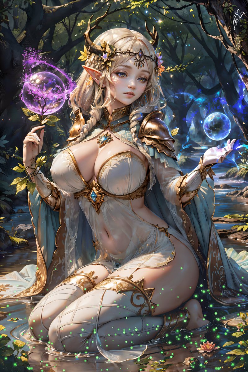 Shialyns's tweet photo. My cute Elf for #AIelfChallange by
talented @Holo_Hottie

[ #stablediffusionart -  #AIイラスト - #AIart - #elf  - #lewdrp - #LSES_AI - #AI美女 - #YodayoAI - #AIChallenge ]

As you wander through the enchanting forest, a mesmerizing elf appears before you, radiating ethereal beauty. She extends a kind offer, a choice between two magical spells. 

The first promises a journey through the vast blue realm, while the second leads to the captivating wonders of the purple realm. Which path will you choose? 

As you contemplate your decision, you sense her longing to escape the confines of the forest. Perhaps there is more in store for both of you beyond these magical realms.