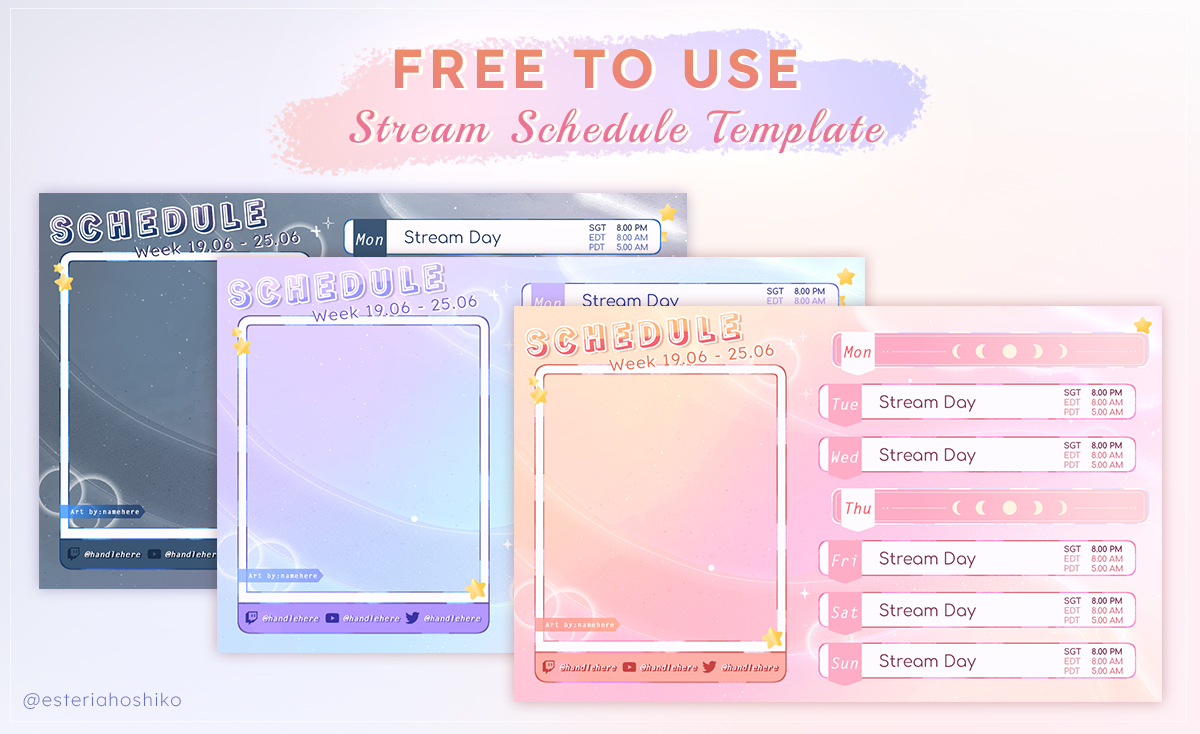 ✧ FREE TO USE STREAM SCHEDULE TEMPLATE ✧

I've created a new template and decided to create more colours to share it with all of you! 💜

✨ Link to download -- ko-fi.com/s/617dfdd951

#VtuberSupport #VTuberAssets #ENVtuber #Vtuber素材