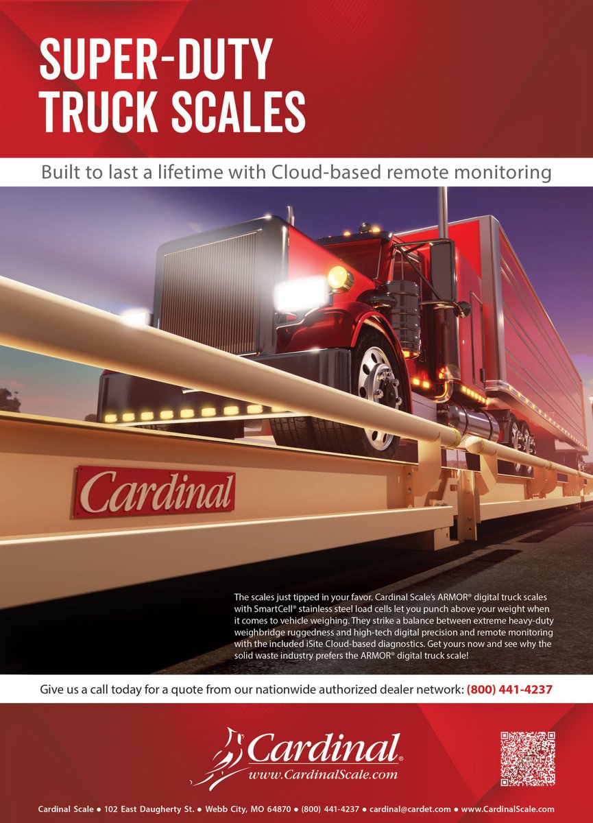 CardinalDetecto's tweet photo. Look for our ARMOR truck scale ad on the back cover of the next 3 issues of MSW Management, the magazine for solid waste professionals.
Learn more:
https://t.co/lqvFpZCx4z
#truckscale #truckscales #scales #NTEP #solidwaste #landfill #transferstation #trash #waste #recycling https://t.co/NJ72HUSYH4