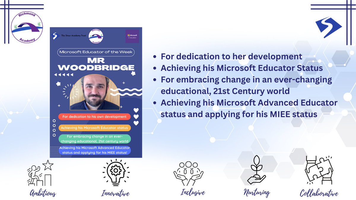 Congratulations to our ME of the Week, Mr Woodbridge, For his excellent use of
@MicrosoftEDU tools &
@MicrosoftLearn to gain his badges and apply for #MIEExpert to provide #equitable #learning opportunities for all!
 #MicrosoftEDU #edtech #TrustInStour
@thestouracademy