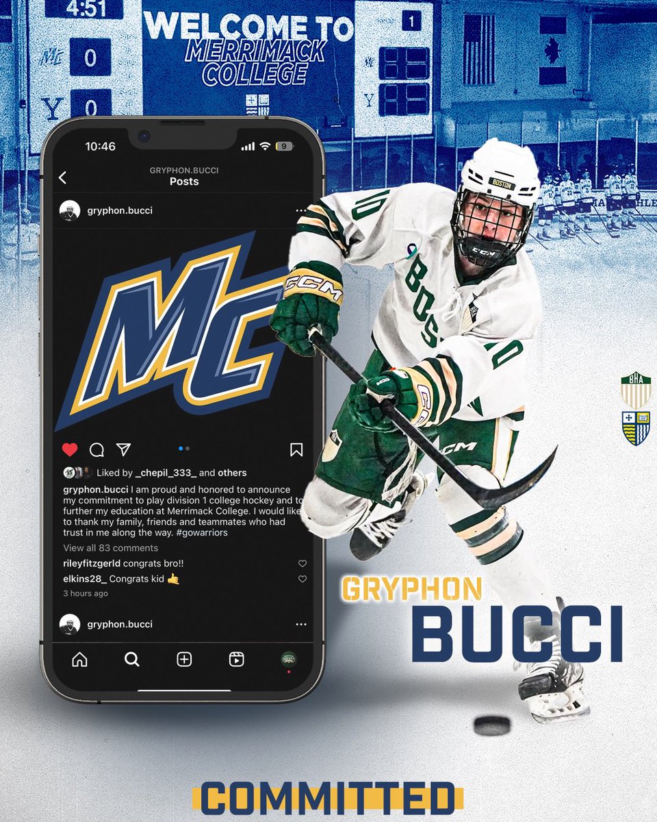 BostonHA's tweet photo. Huge congratulations goes out to @gryphonbucci who has committed to Division 1 @MerrimackMIH 

We couldn’t be more proud of Gryphon who played the last 2 seasons at BHA. Gryphon has earned everything since he has arrived at BHA.

Congrats to Gryphon and his family!

#DukesUp https://t.co/5CHei52kLo