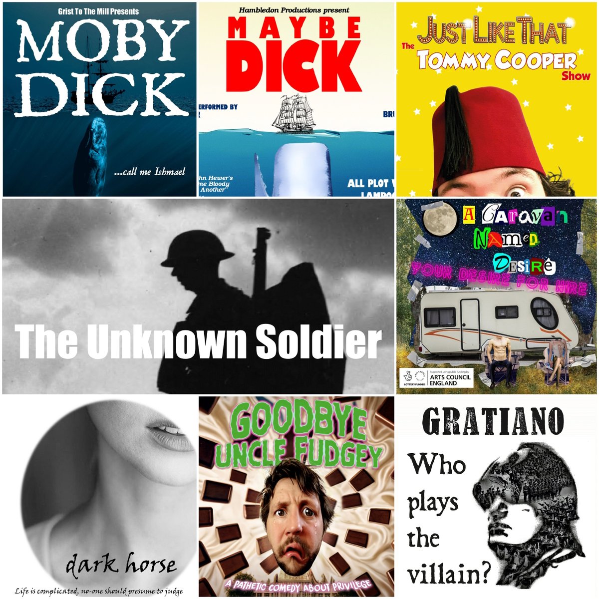 Classics to New-writings: 
#TommyCooper show & #MaybeDick @HambledonProds; 
Award-winning #UnknownSoldier, #Shakespeare #Gratiano & #MobyDick; 
#ACaravanNamedDesire - awarded “Exciting work” @FringeReview  ;
@GoodbyeFudgey on privilege; & #DarkHorse
rotundatheatre.com/buxton-fringe-…