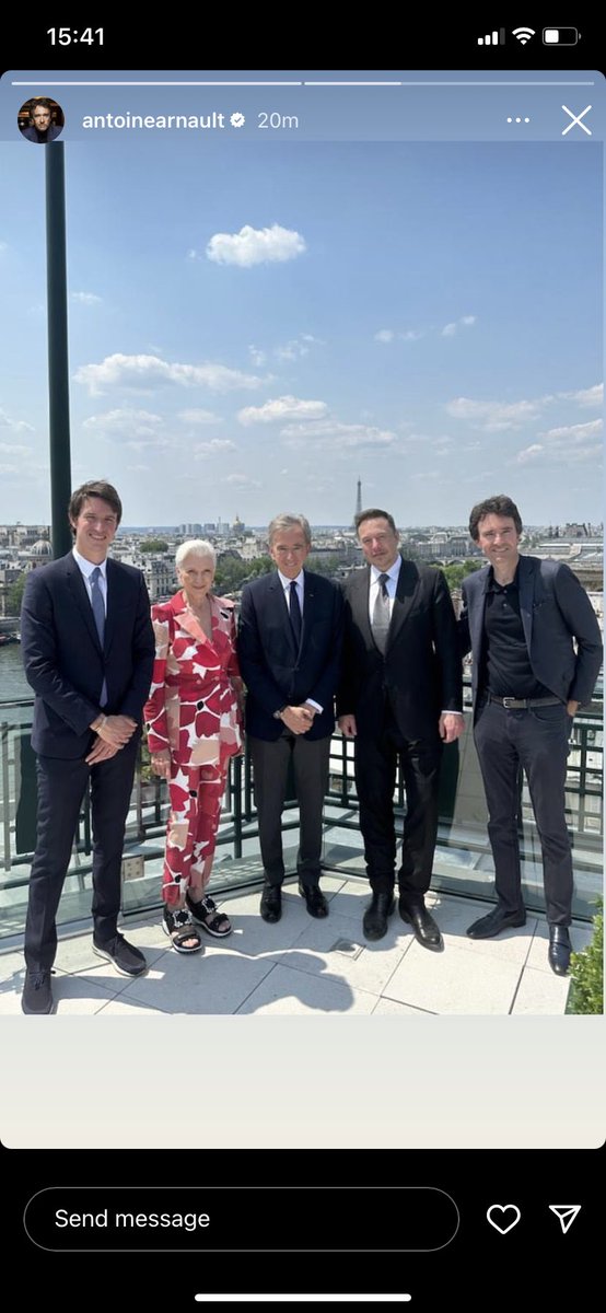 Elon Musk, his mom Maye just finished having lunch with Bernard Arnault and his sons Antoine and Alexandre. Power lunching in Paris at Cheval Blanc. On a glorious sunny day. @elonmusk @LVMH @mayemusk @alexarnault #VivaTech pics: Antoine’s Instagram- no details on topics discussed