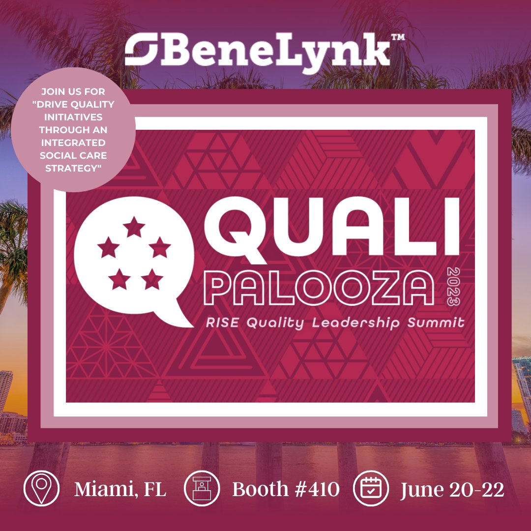 Qualipalooza: RISE Quality Leadership Summit is less than a week away! BeneLynk is very excited to be sharing “Drive Quality Initiatives through an Integrated Social Care Strategy” on Thursday, June 22 at 11:40 AM. Stop by booth 410 and say hi! #quality #sdoh #goldsponsor